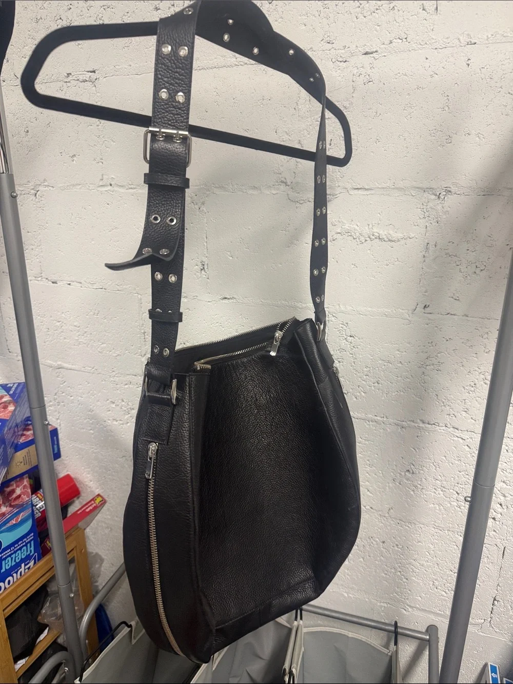 Black Studded Strap Leather Shoulder Bag - Women Large Hobo Tote Bag -